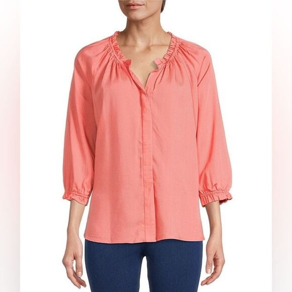 Intro Pink Blouse Plus Size XL Salmon Peach Top Shirt Ruffle Casual Lightweight - Picture 1 of 12